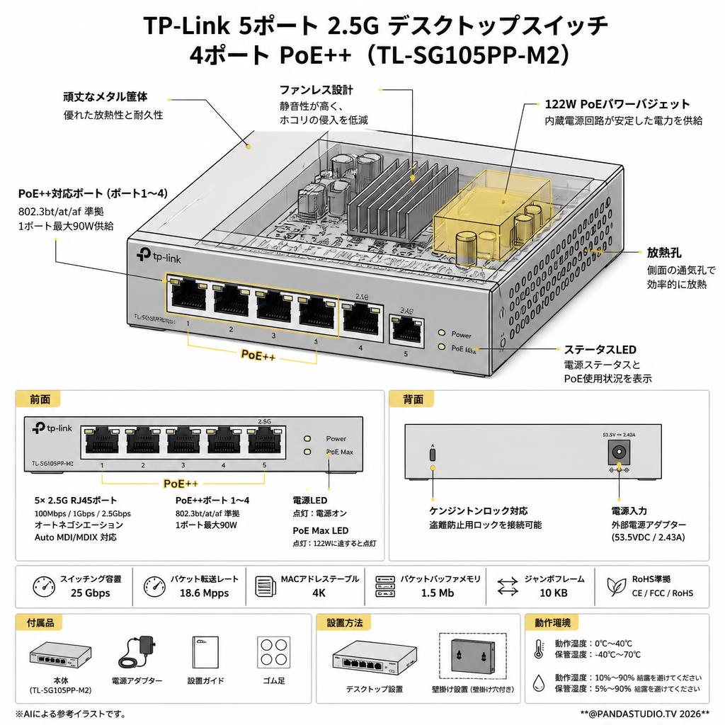 TP-Link 5ポート 2.5G デスクトップスイッチ 4ポート PoE++ （TL-SG105PP-M2） スペック