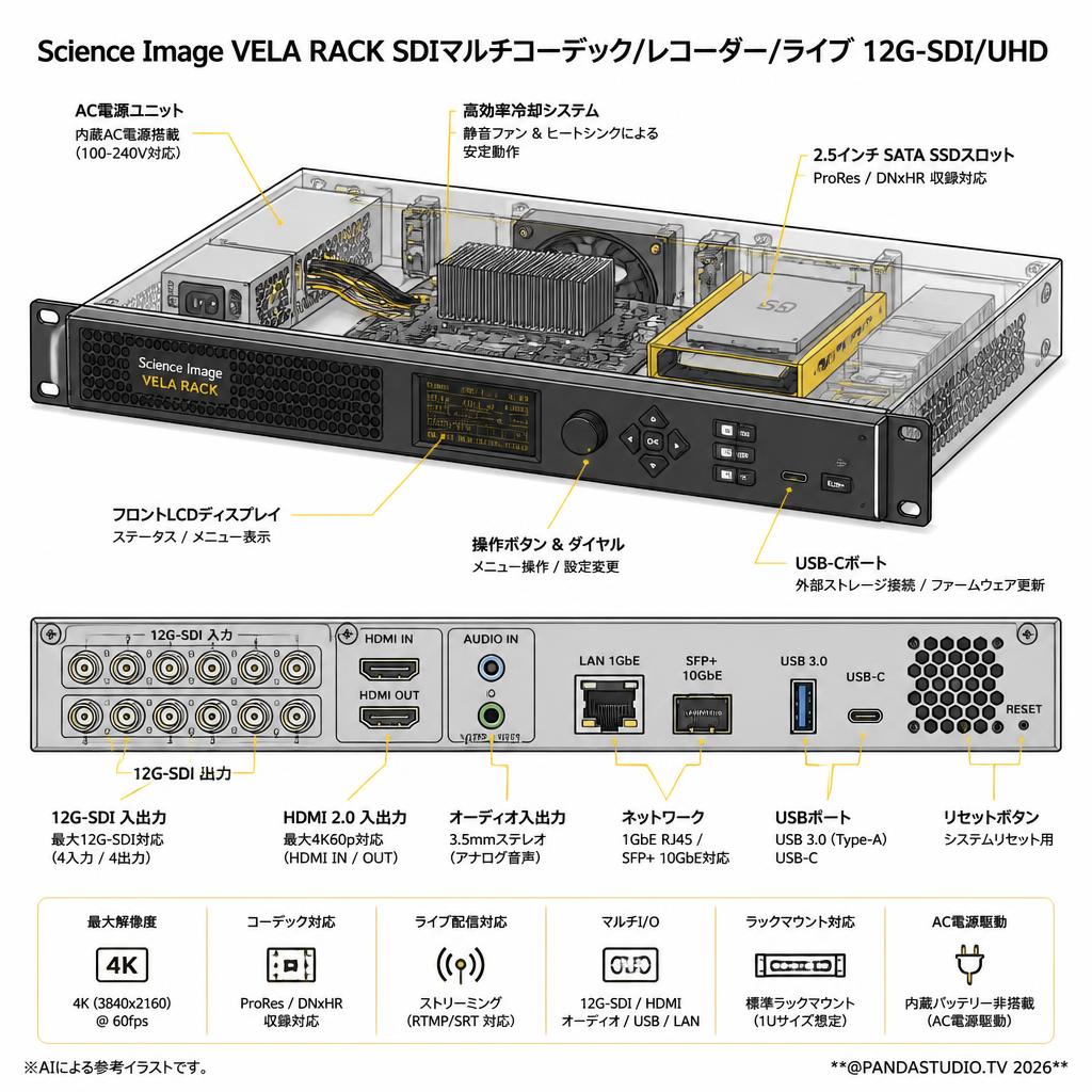 Science Image VELA RACK SDIマルチコーデック/レコーダー/ライブ 12G-SDI/UHD スペック
