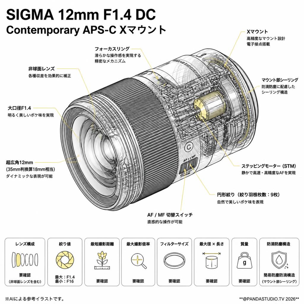 SIGMA 12mm F1.4 DC Contemporary APS-C Xマウント スペック