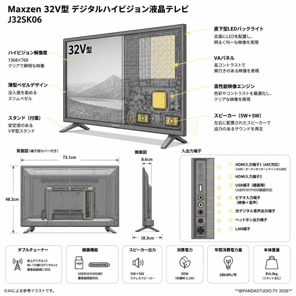 Maxzen  32V型 デジタルハイビジョン液晶テレビ	J32SK06 スペック