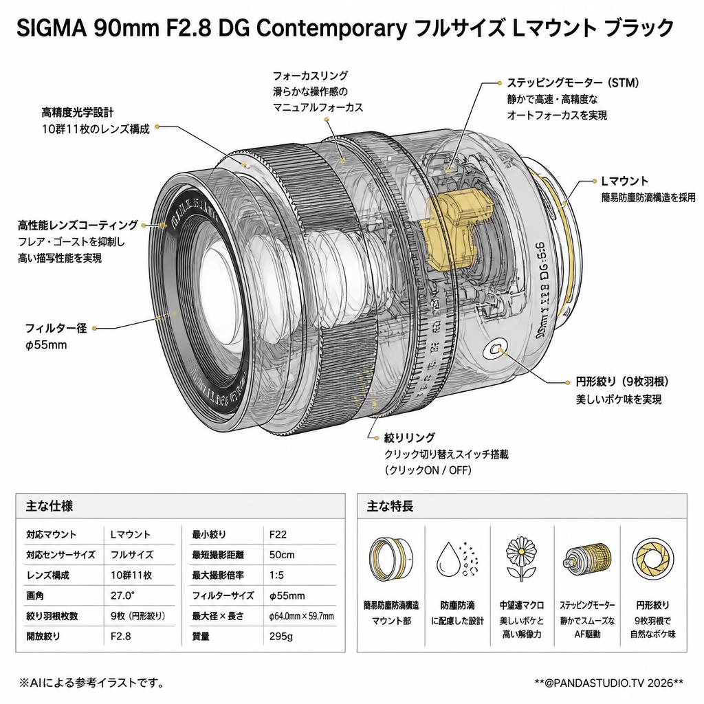 SIGMA 90mm F2.8 DG Contemporary フルサイズ Lマウント ブラック スペック