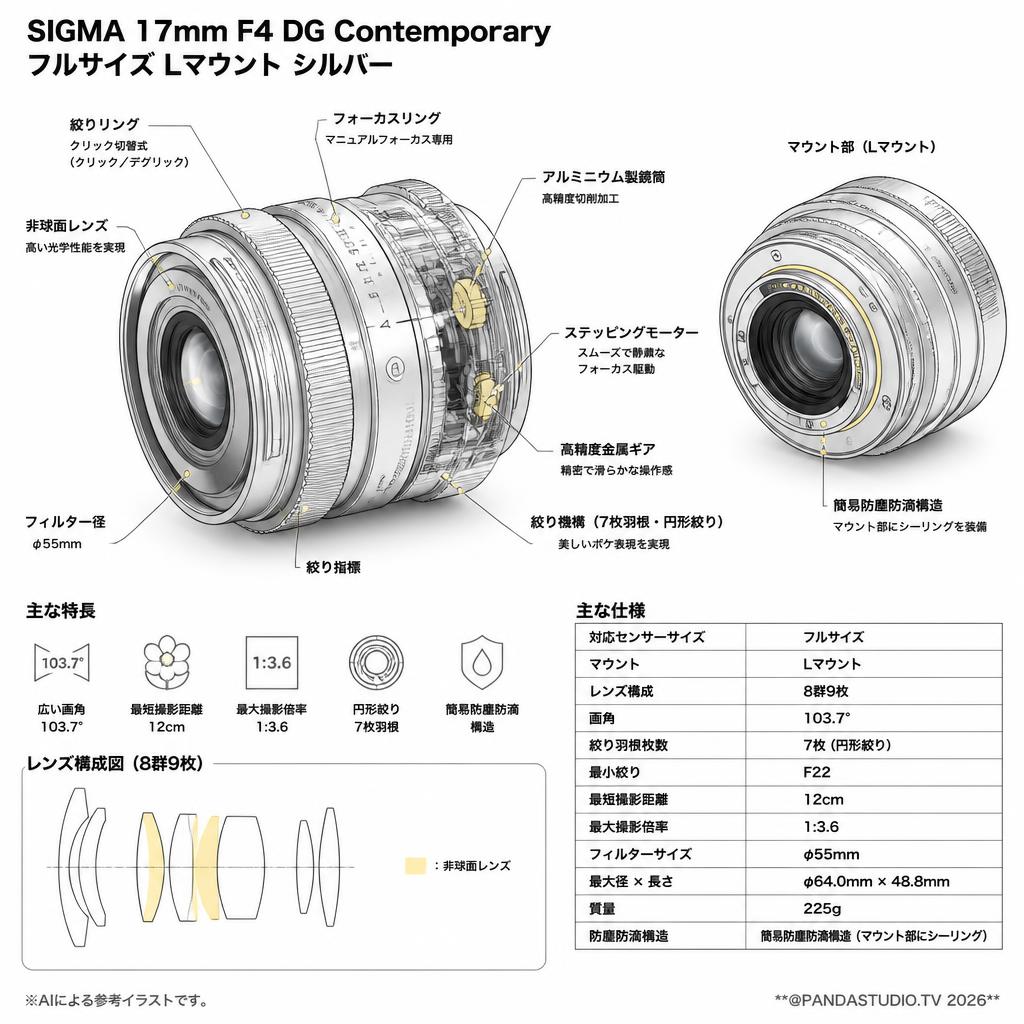 SIGMA 17mm F4 DG Contemporary フルサイズ Lマウント シルバー スペック