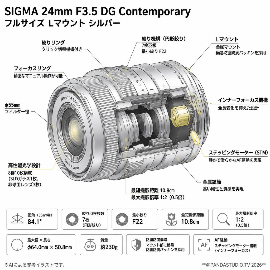 SIGMA 24mm F3.5 DG Contemporary フルサイズ Lマウント シルバー スペック