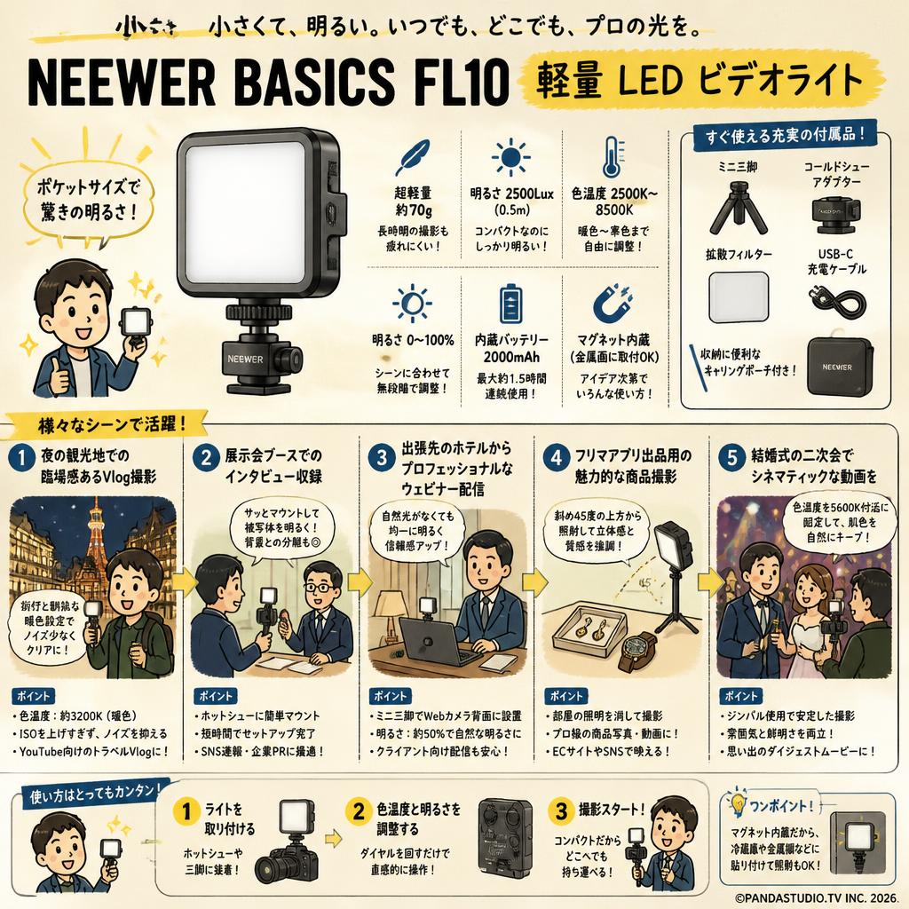 NEEWER BASICS FL10 軽量 LED ビデオライト 用途