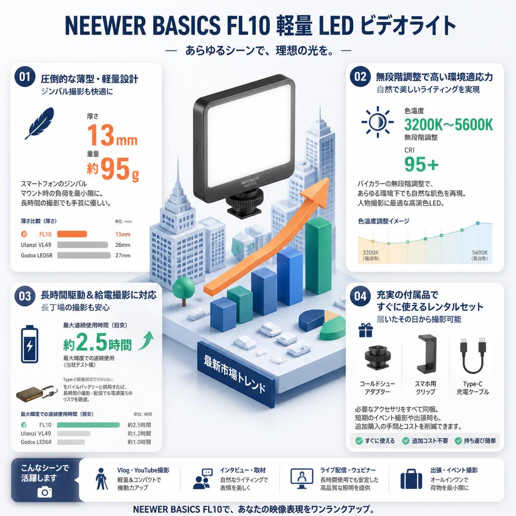 NEEWER BASICS FL10 軽量 LED ビデオライト セールスポイント