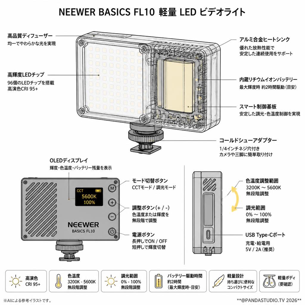 NEEWER BASICS FL10 軽量 LED ビデオライト スペック