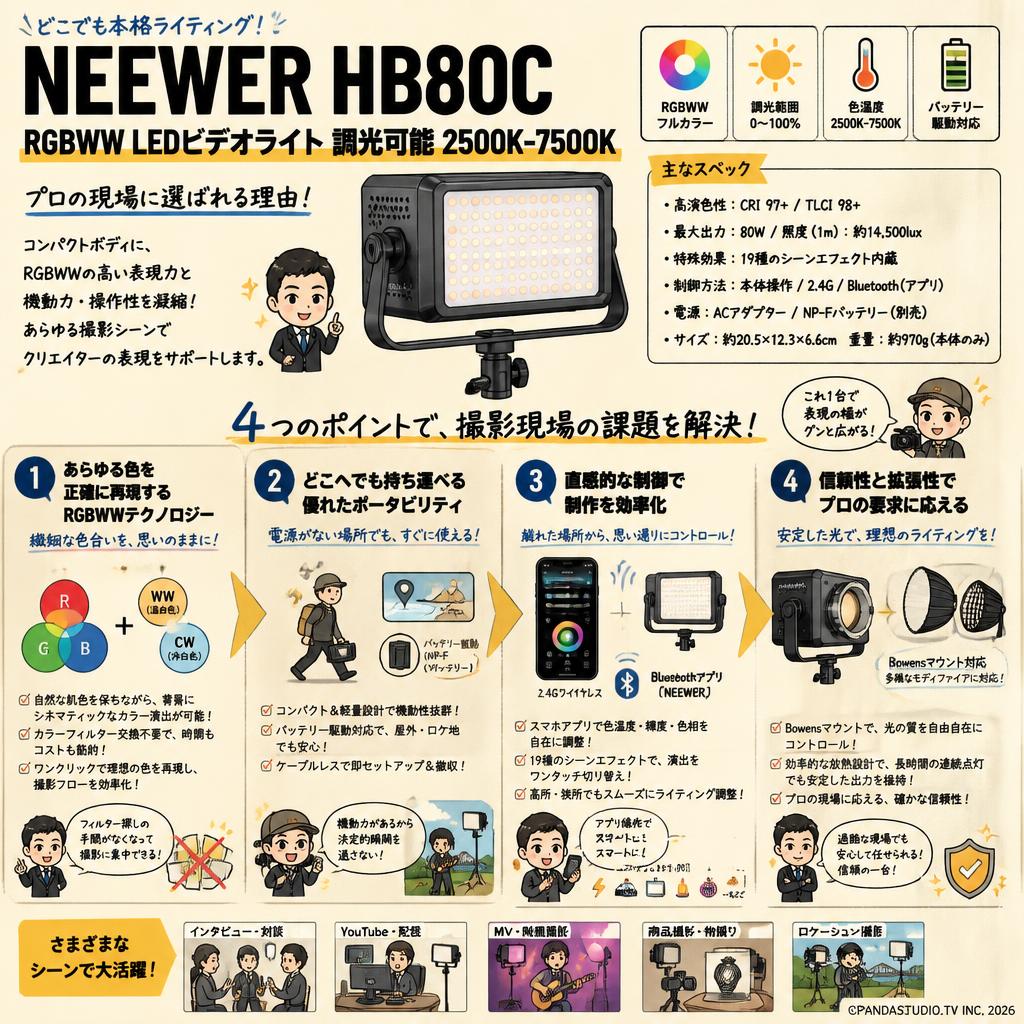 NEEWER HB80C RGBWW LEDビデオライト 調光可能 2500K-7500K 概要