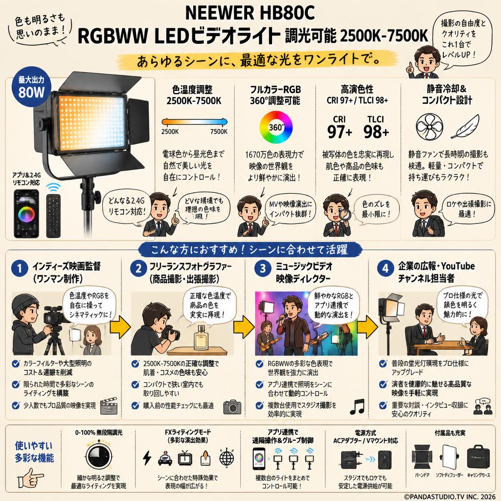 NEEWER HB80C RGBWW LEDビデオライト 調光可能 2500K-7500K おもな対象のお客様