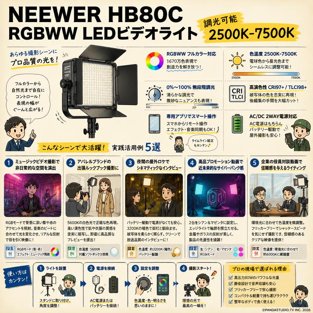 NEEWER HB80C RGBWW LEDビデオライト 調光可能 2500K-7500K 用途