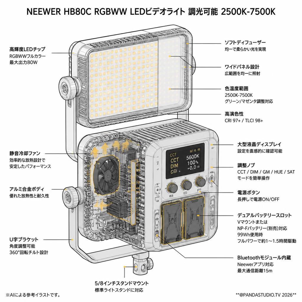 NEEWER HB80C RGBWW LEDビデオライト 調光可能 2500K-7500K スペック