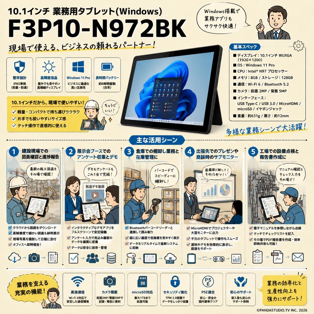 10.1インチ 業務用タブレット(Windows) F3P10-N972BK 用途