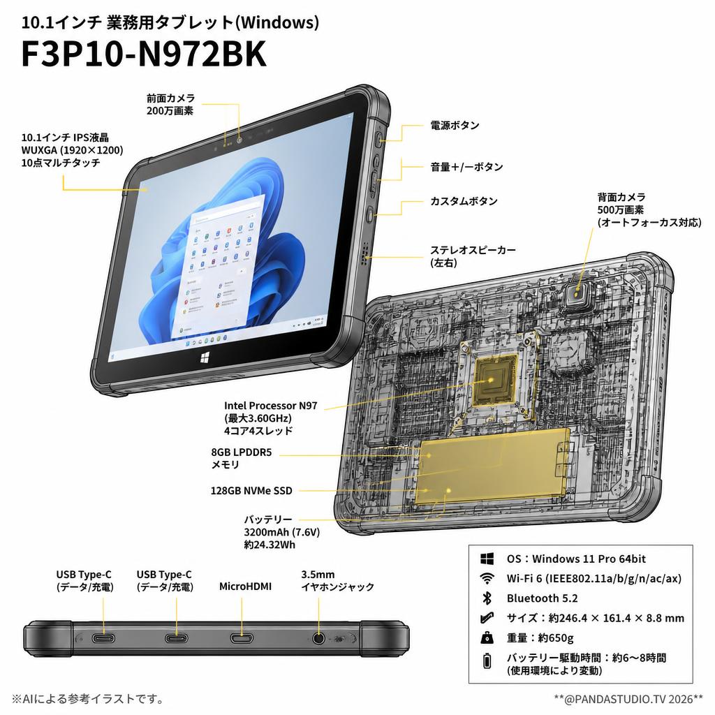 10.1インチ 業務用タブレット(Windows) F3P10-N972BK スペック