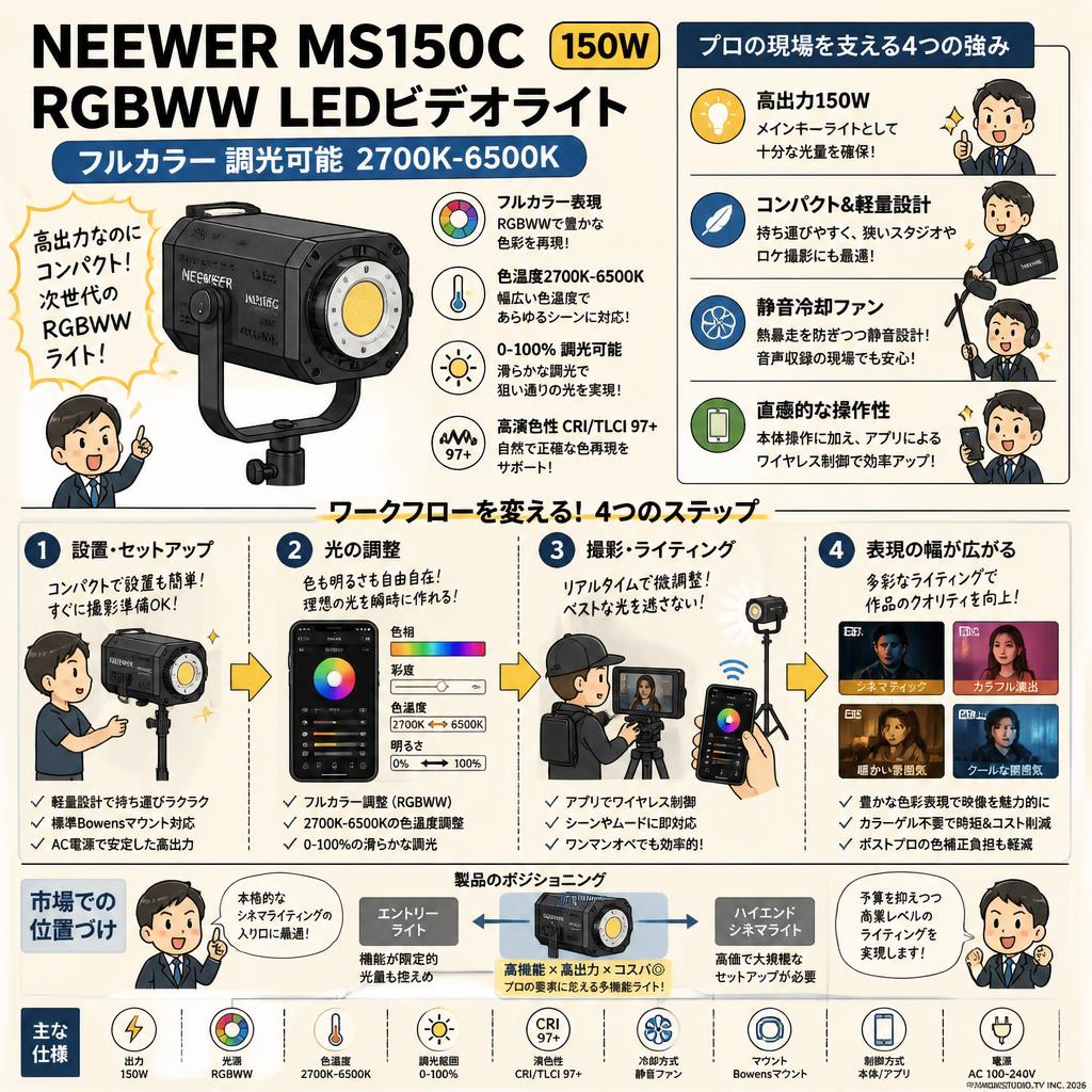 NEEWER MS150C RGBWW LEDビデオライト 150W フルカラー 調光可能 2700K-6500K 概要