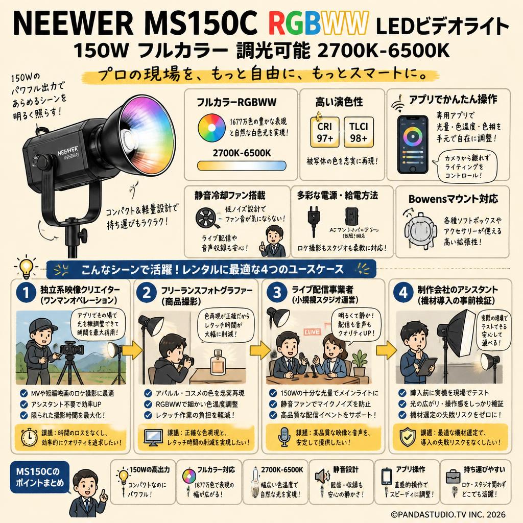 NEEWER MS150C RGBWW LEDビデオライト 150W フルカラー 調光可能 2700K-6500K おもな対象のお客様