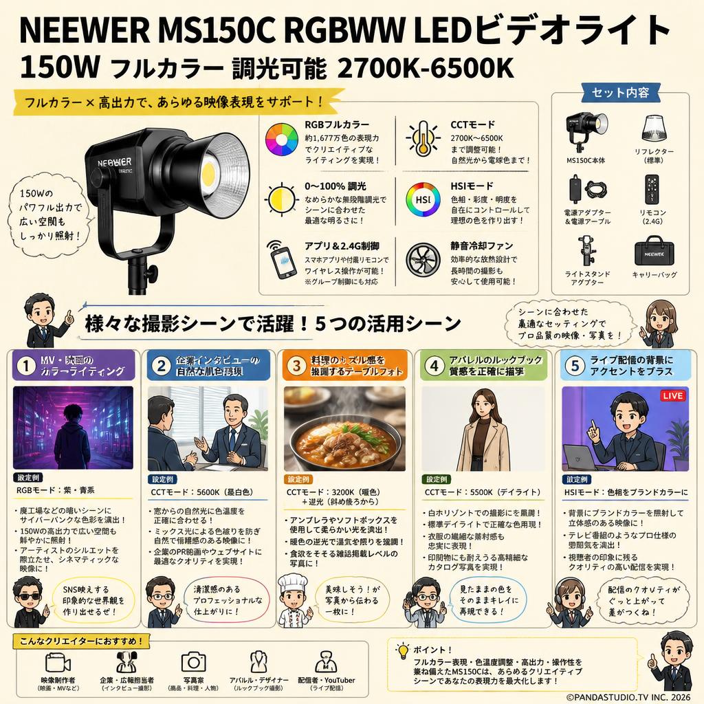 NEEWER MS150C RGBWW LEDビデオライト 150W フルカラー 調光可能 2700K-6500K 用途
