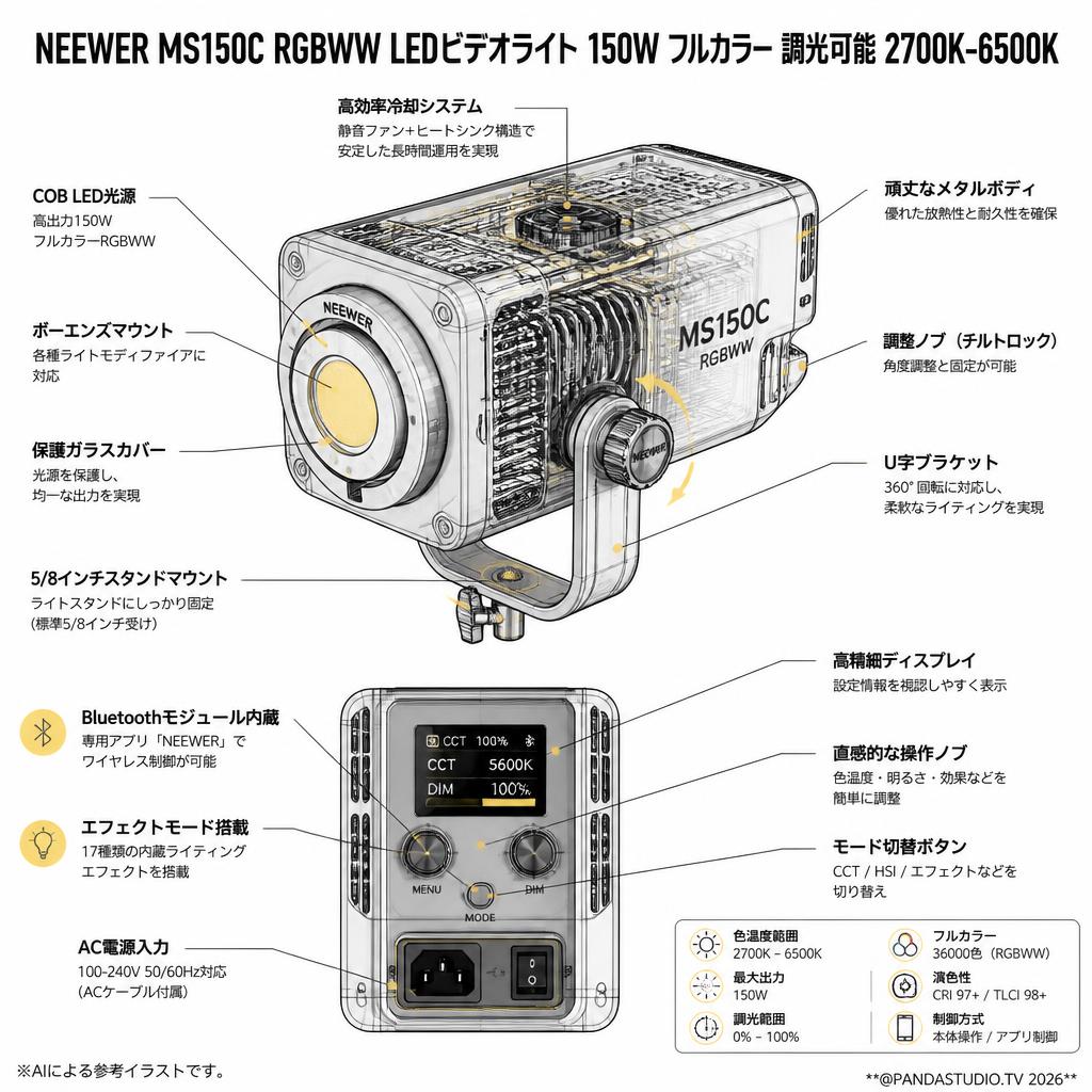 NEEWER MS150C RGBWW LEDビデオライト 150W フルカラー 調光可能 2700K-6500K スペック