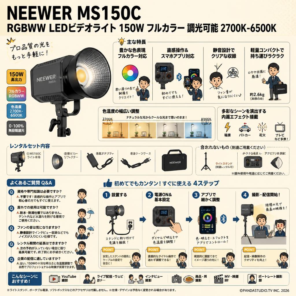 NEEWER MS150C RGBWW LEDビデオライト 150W フルカラー 調光可能 2700K-6500K FAQ（よくある質問と答え）