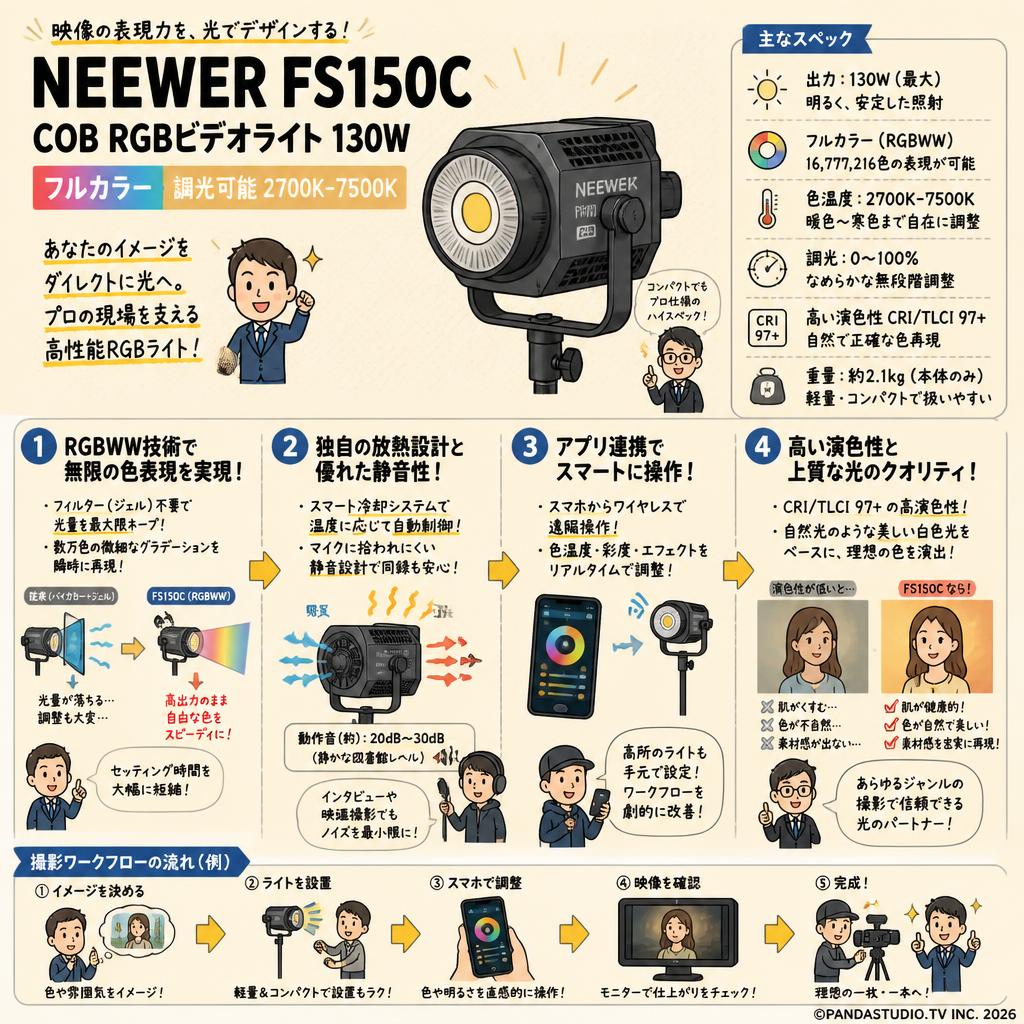 NEEWER FS150C COB RGBビデオライト 130W フルカラー 調光可能 2700K-7500K 概要