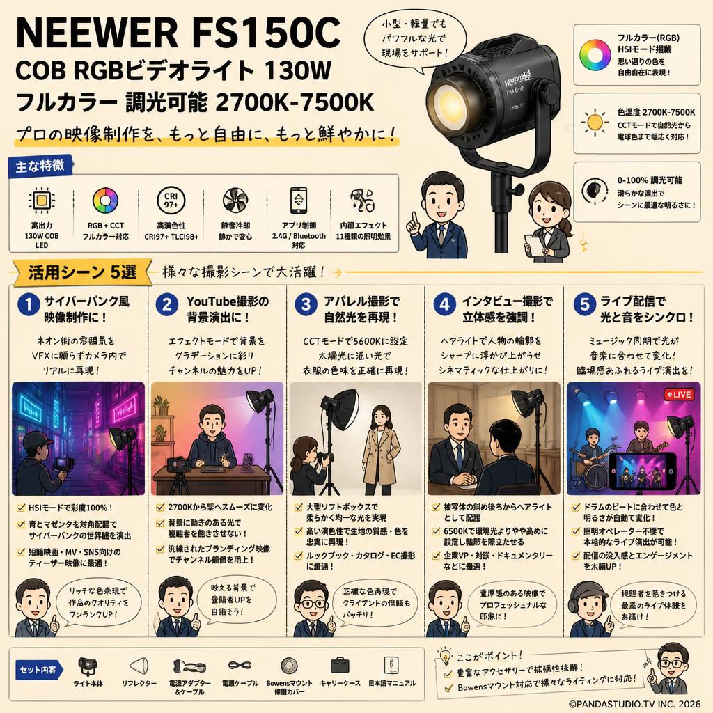 NEEWER FS150C COB RGBビデオライト 130W フルカラー 調光可能 2700K-7500K 用途