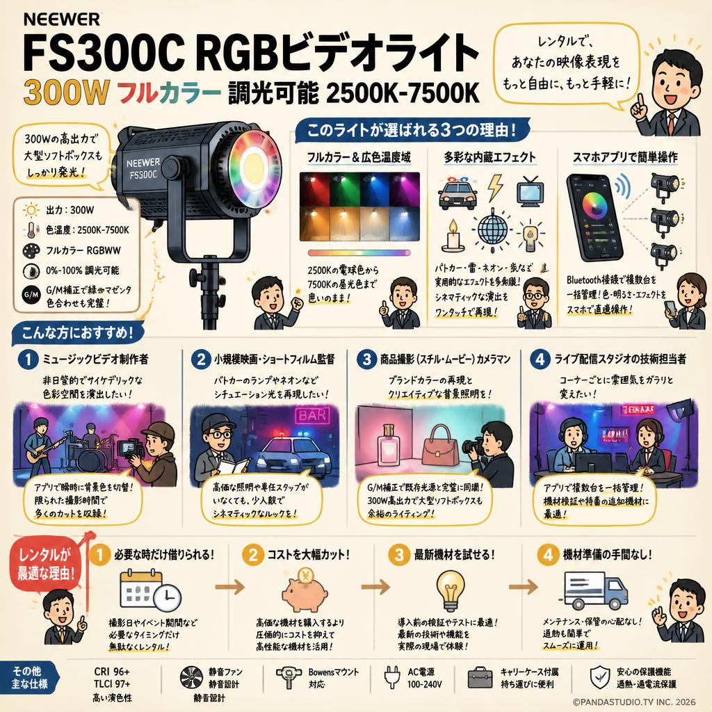 NEEWER FS300C RGBビデオライト 300W フルカラー 調光可能 2500K-7500K おもな対象のお客様