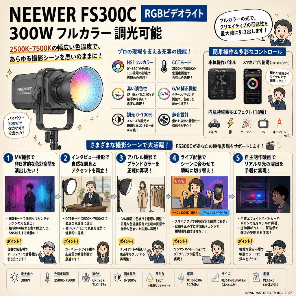 NEEWER FS300C RGBビデオライト 300W フルカラー 調光可能 2500K-7500K 用途