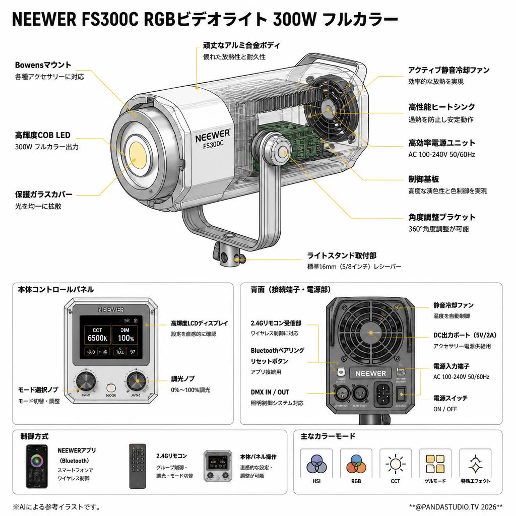 NEEWER FS300C RGBビデオライト 300W フルカラー 調光可能 2500K-7500K スペック