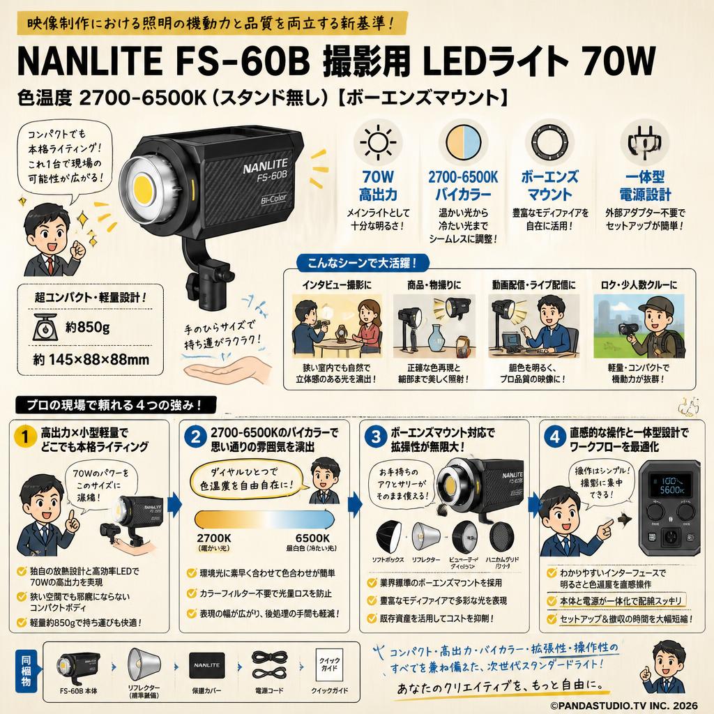 NANLITE FS-60B 撮影用 LEDライト70W 色温度2700-6500K (スタンド無し)  [ボーエンズマウント] 概要