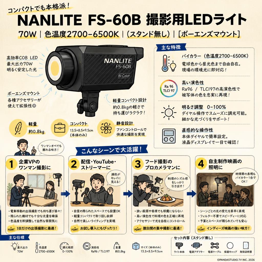 NANLITE FS-60B 撮影用 LEDライト70W 色温度2700-6500K (スタンド無し)  [ボーエンズマウント] おもな対象のお客様