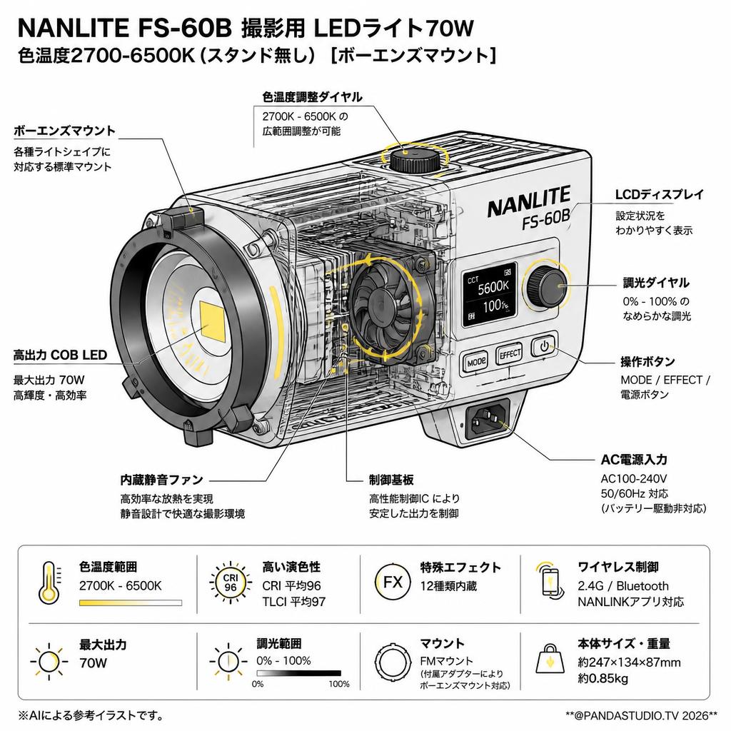 NANLITE FS-60B 撮影用 LEDライト70W 色温度2700-6500K (スタンド無し)  [ボーエンズマウント] スペック