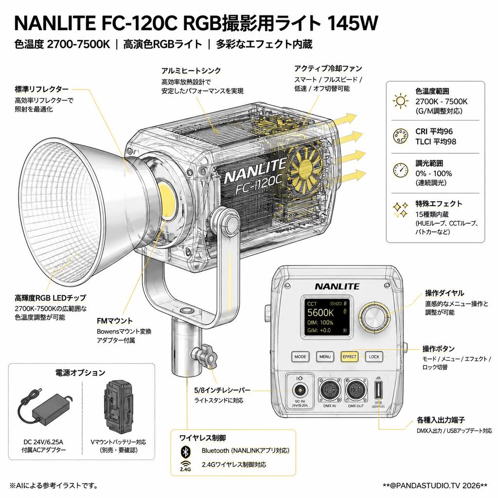 NANLITE FC-120C RGB撮影用ライト 145W 色温度2700-7500K スペック