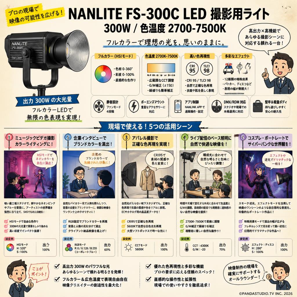 NANLITE FS-300C LED 撮影用ライト 300W 色温度2700-7500K 用途