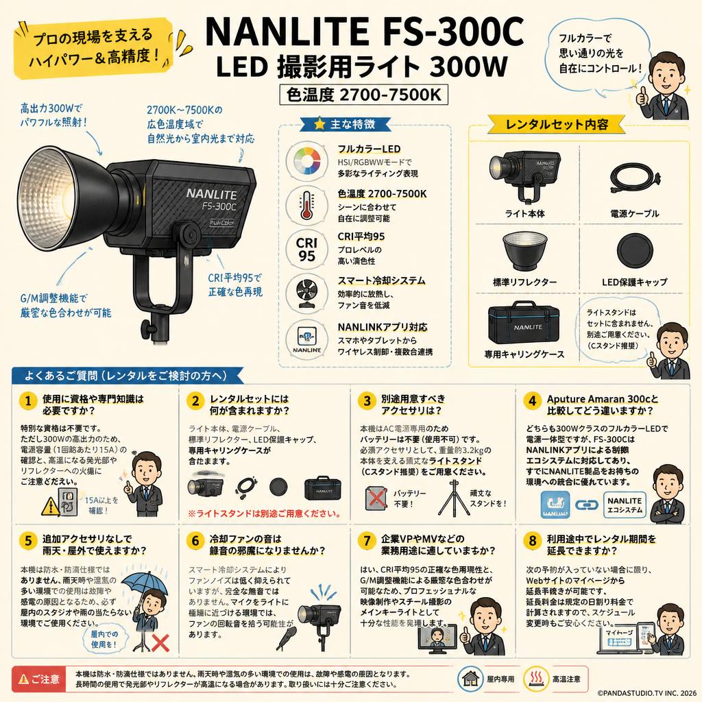 NANLITE FS-300C LED 撮影用ライト 300W 色温度2700-7500K FAQ（よくある質問と答え）