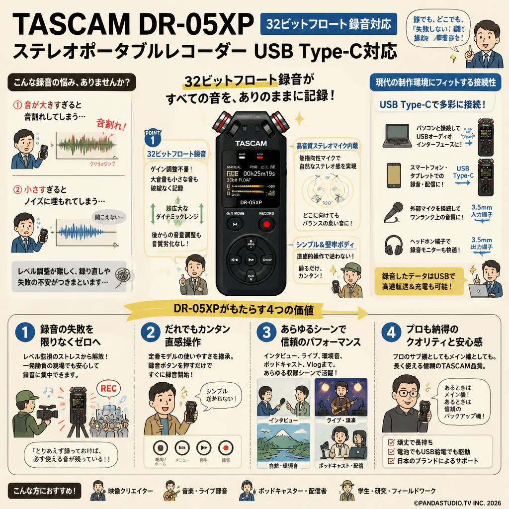 TASCAM DR-05XP 32ビットフロート 録音対応 ステレオポータブルレコーダー USB Type-C対応 概要