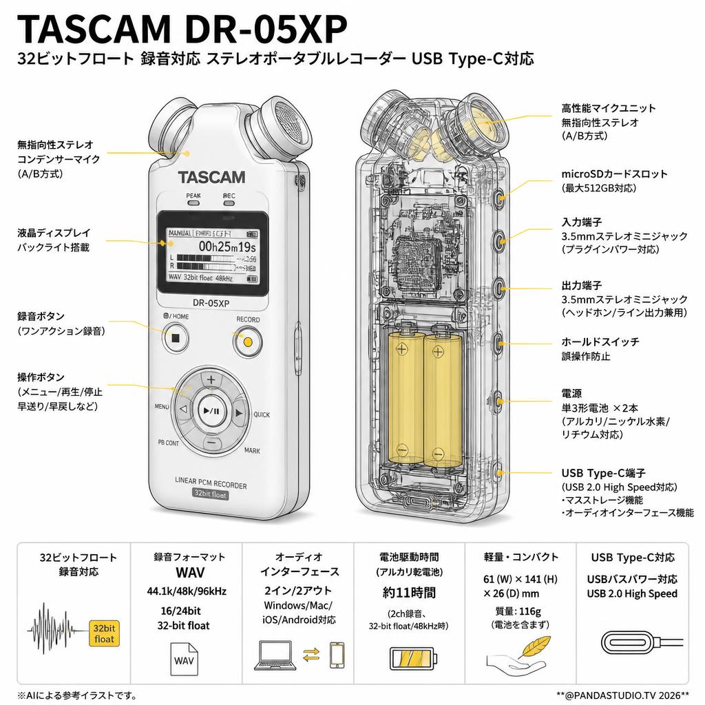 TASCAM DR-05XP 32ビットフロート 録音対応 ステレオポータブルレコーダー USB Type-C対応 スペック