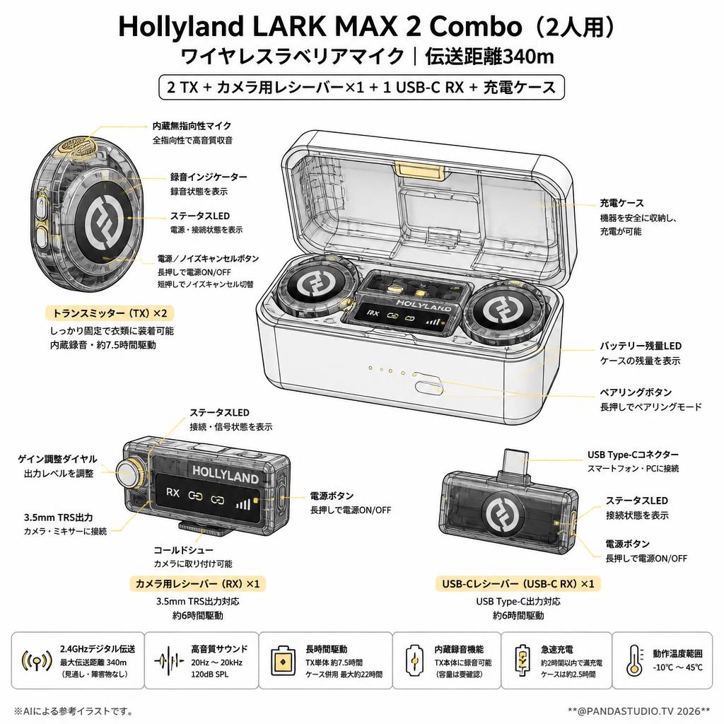 Hollyland LARK MAX 2 Combo （2人用）ワイヤレスラベリアマイク 伝送距離340m （2 TX+ カメラ用レシーバー×1 + 1 USB-C RX + 充電ケース） スペック
