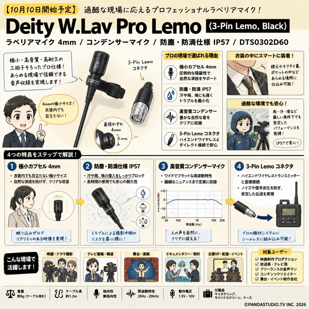 【10月10日開始予定】Deity W.Lav Pro Lemo  (3-Pin Lemo, Black) ラベリアマイク 4mm / コンデンサーマイク / 防塵・防滴仕様 IP57 / DTS0302D60 概要