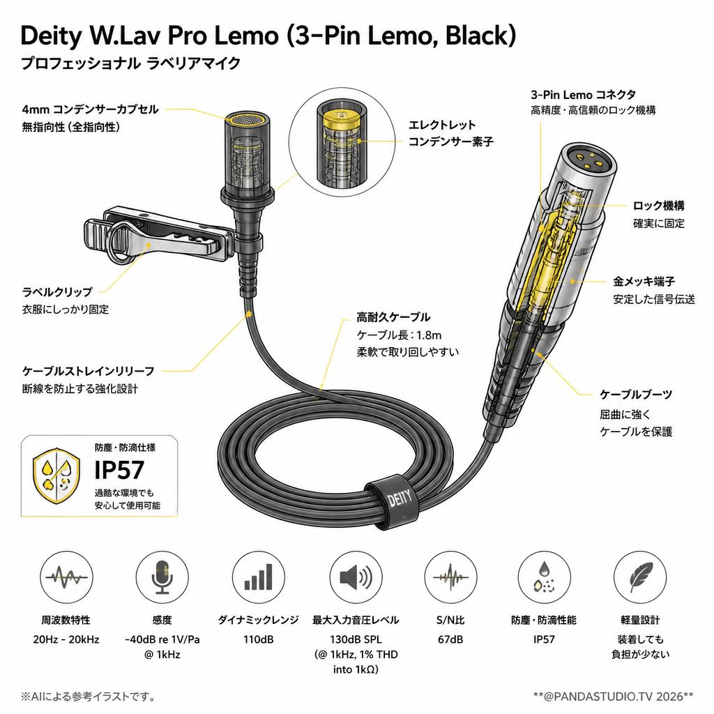 【10月10日開始予定】Deity W.Lav Pro Lemo  (3-Pin Lemo, Black) ラベリアマイク 4mm / コンデンサーマイク / 防塵・防滴仕様 IP57 / DTS0302D60 スペック