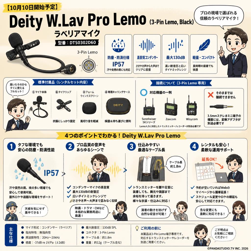 【10月10日開始予定】Deity W.Lav Pro Lemo  (3-Pin Lemo, Black) ラベリアマイク 4mm / コンデンサーマイク / 防塵・防滴仕様 IP57 / DTS0302D60 FAQ（よくある質問と答え）