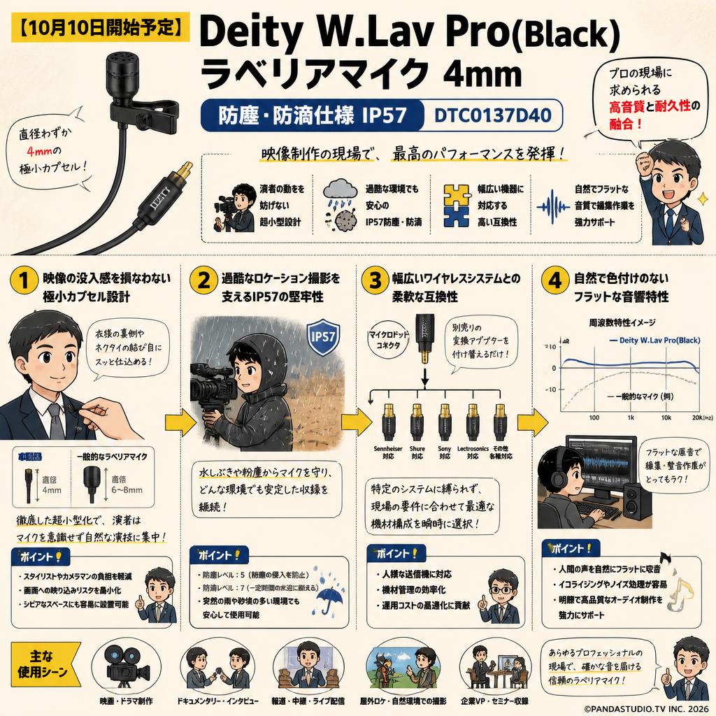 【10月10日開始予定】Deity  W.Lav Pro(Black)ラベリアマイク 4mm / 防塵・防滴仕様 IP57 / DTC0137D40 概要