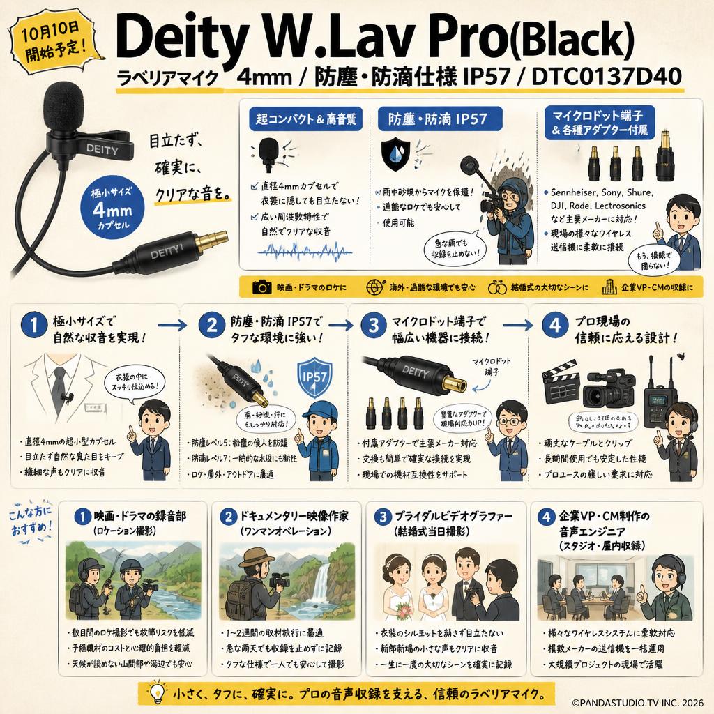 【10月10日開始予定】Deity  W.Lav Pro(Black)ラベリアマイク 4mm / 防塵・防滴仕様 IP57 / DTC0137D40 おもな対象のお客様