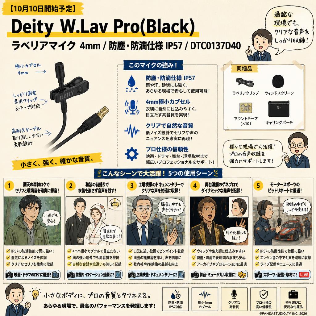 【10月10日開始予定】Deity  W.Lav Pro(Black)ラベリアマイク 4mm / 防塵・防滴仕様 IP57 / DTC0137D40 用途