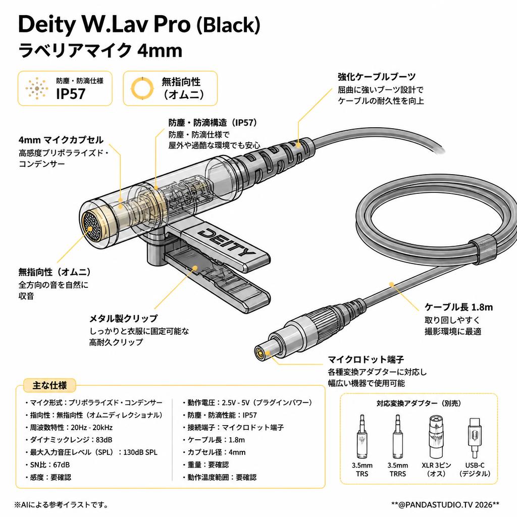 【10月10日開始予定】Deity  W.Lav Pro(Black)ラベリアマイク 4mm / 防塵・防滴仕様 IP57 / DTC0137D40 スペック