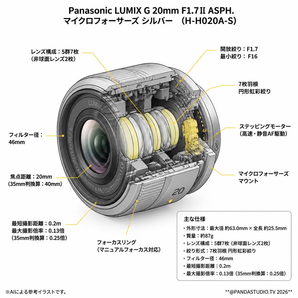 Panasonic LUMIX G 20mm F1.7ⅡASPH マイクロフォーサーズ シルバー   (H-H020A-S) スペック