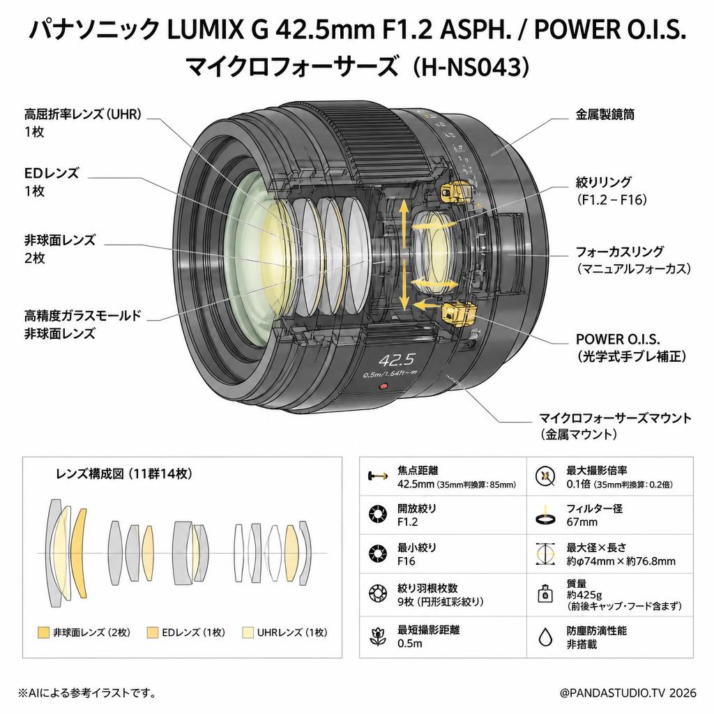 Panasonic LUMIX G 42.5mm F1.2 ASPH. / POWER O.I.S. マイクロフォーサーズ  (H-NS043) スペック