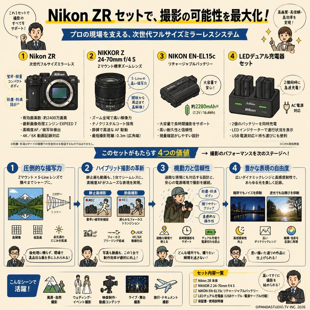 Nikon ZR / 24-70mm f4S Zマウント/ NIKON EN-EL15c リチャージャブルバッテリー / LEDデュアル充電器 セット 概要