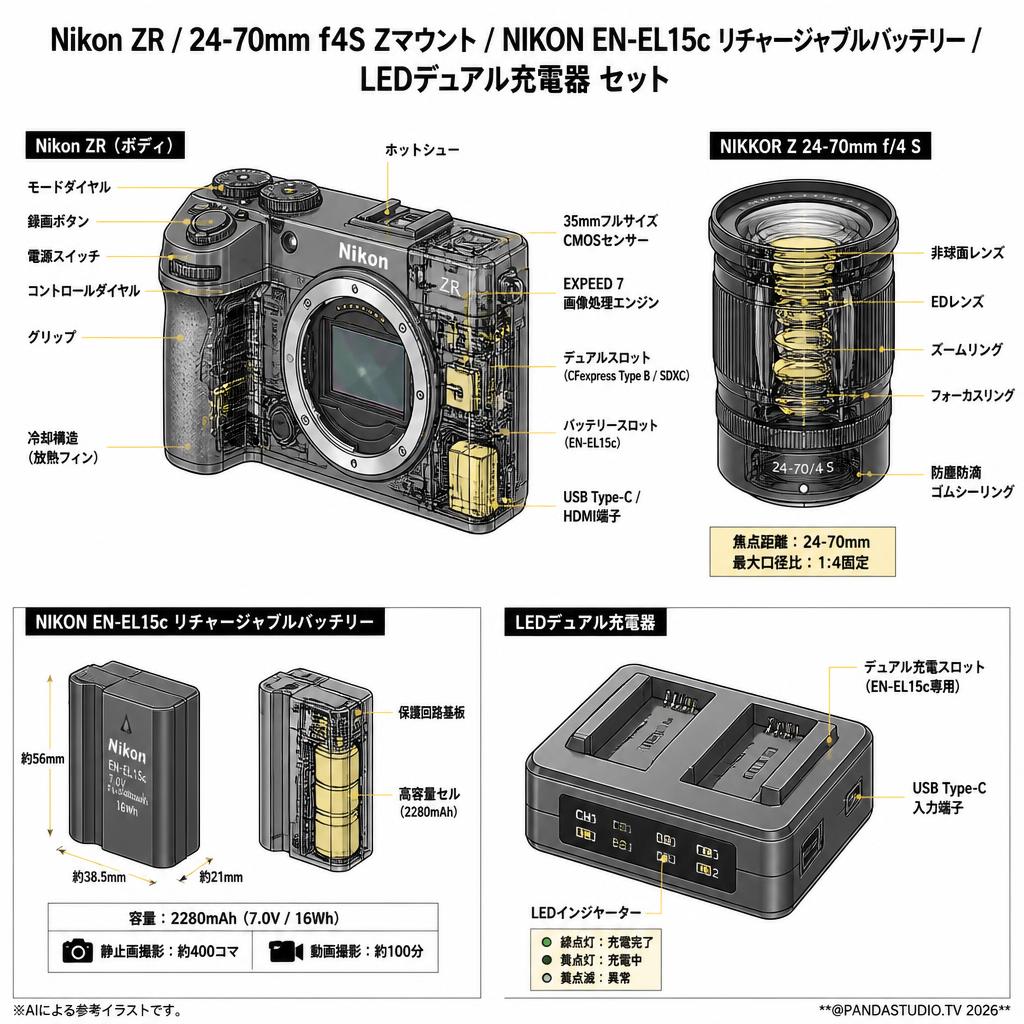 Nikon ZR / 24-70mm f4S Zマウント/ NIKON EN-EL15c リチャージャブルバッテリー / LEDデュアル充電器 セット スペック