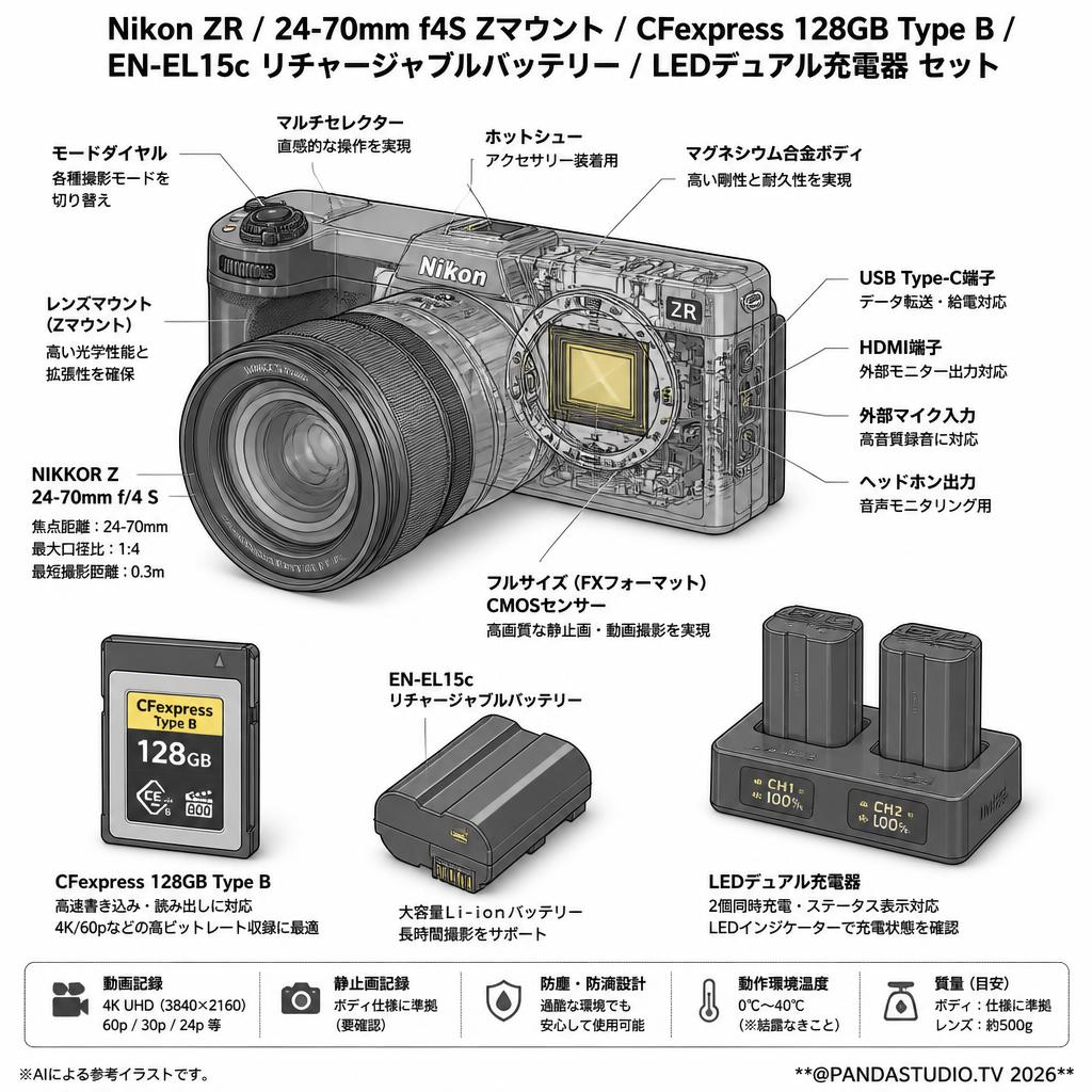 Nikon ZR / 24-70mm f4S Zマウント/ CFexpress 128GB Type B / EN-EL15c リチャージャブルバッテリー / LEDデュアル充電器 セット スペック
