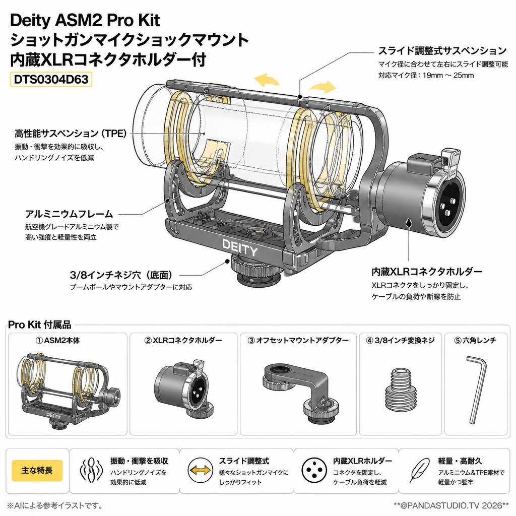 Deity ASM2 Pro Kit ショットガンマイクショックマウント内蔵XLRコネクタホルダー付 DTS0304D63 スペック