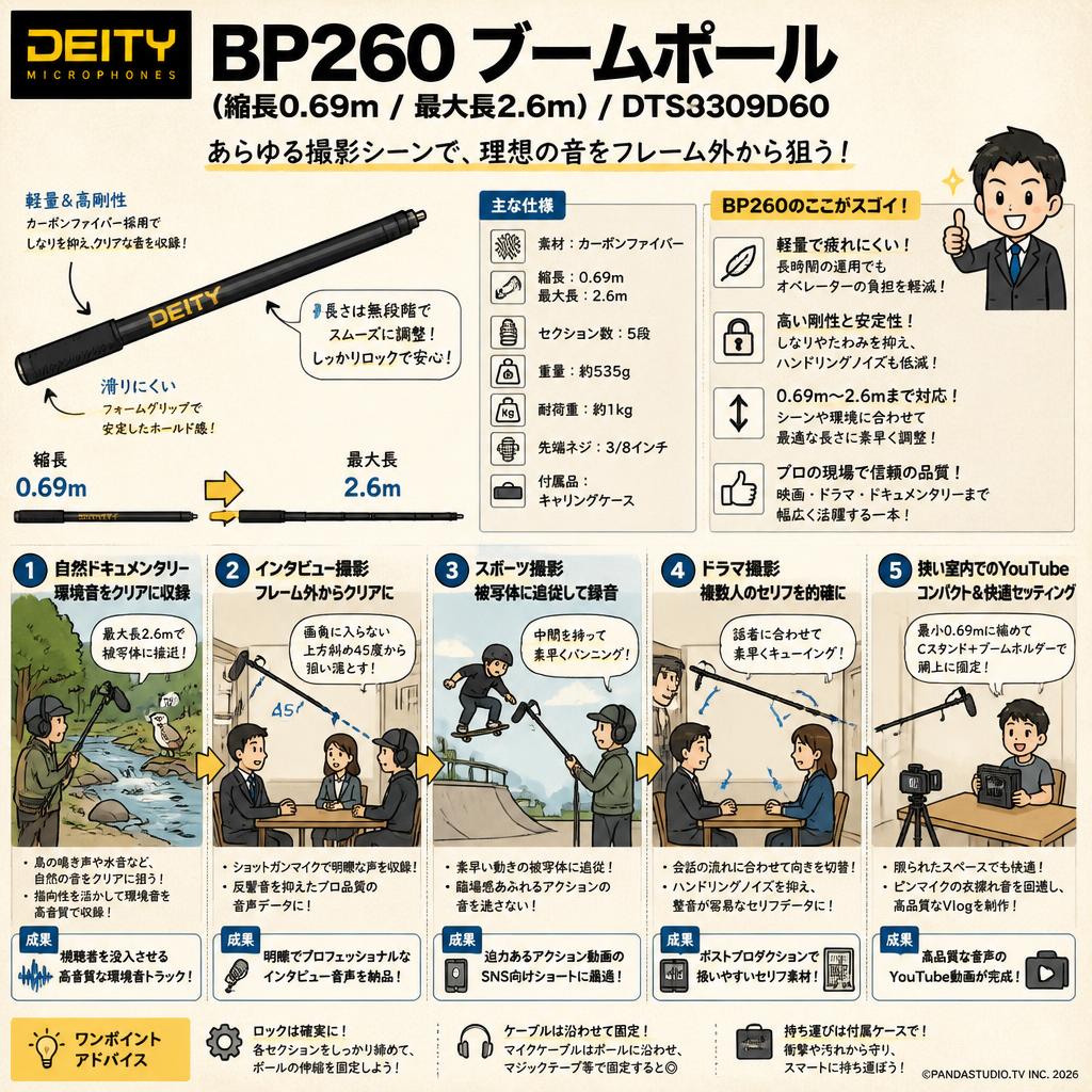Deity Microphones BP260ブームポール(縮長0.69m/最大長2.6m) /  DTS0309D60 用途