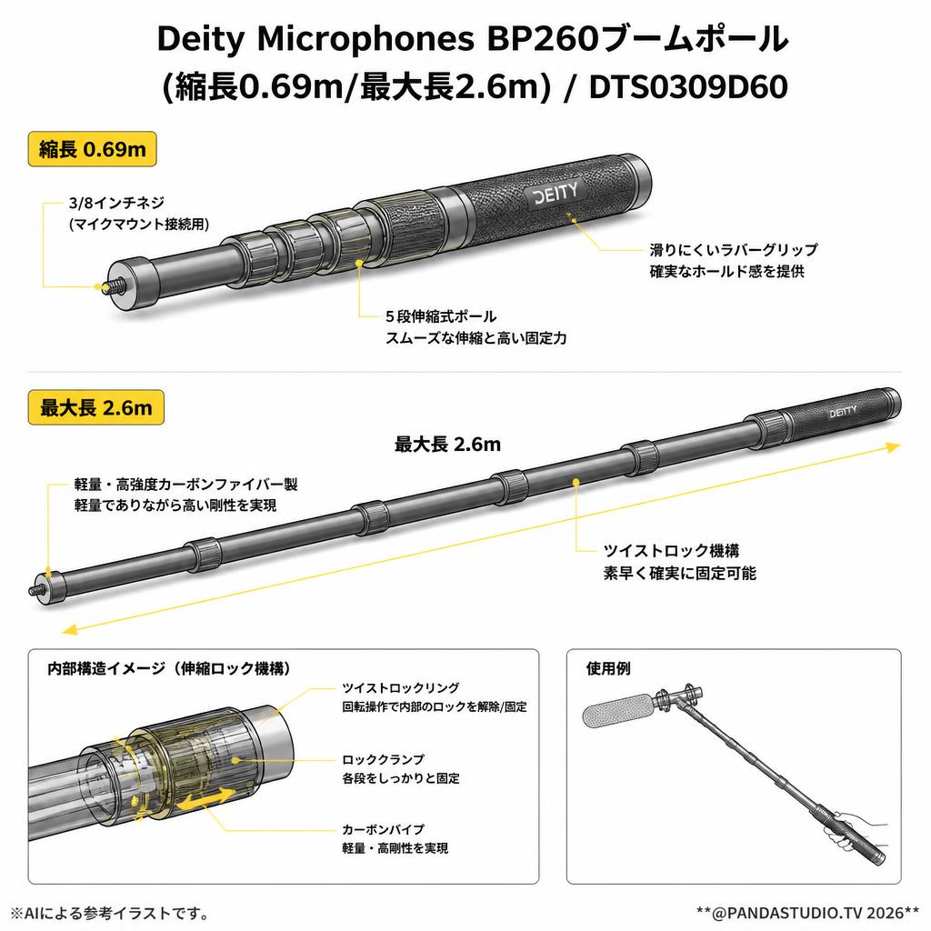 Deity Microphones BP260ブームポール(縮長0.69m/最大長2.6m) /  DTS0309D60 スペック